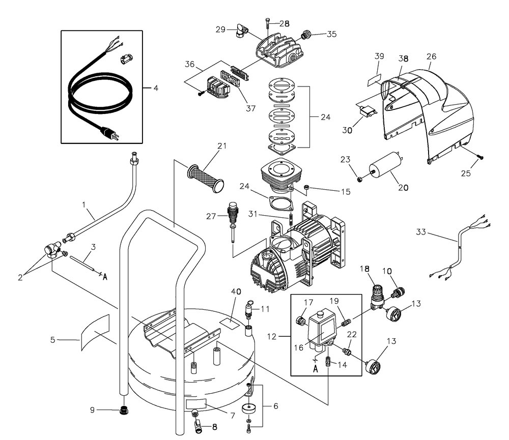 Main Unit Diagram and Parts List for 074000-0-58CFM  Briggs and Stratton Compressor